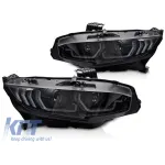 Set de faruri LED potrivit pentru Honda Civic X 2016-2021 hatchback, sedan, coupe cu bază neagră, cu semnalizatoare dinamice, pentru modelul cu lumini DRL din fabrică, stânga și dreapta Performance AutoTuning