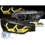 Set de faruri tuning cu lumini DRL galbene, potrivit pentru BMW Seria 3 F30 sedan, F31 break 2011-2015 cu bază neagră, stânga și dreapta Performance AutoTuning