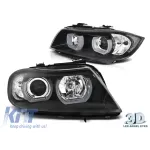 Set de faruri tuning potrivit pentru BMW Seria 3 E90, E91 2005-2008 cu bază neagră, stânga și dreapta Performance AutoTuning