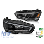 Set de faruri tuning potrivit pentru Mitsubishi Lancer 2008-2016 bază neagră cu semnal de întoarcere dinamic, stânga și dreapta Performance AutoTuning