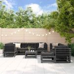 Set mobilier grădină cu perne, 10 piese, gri, lemn masiv GartenMobel Dekor