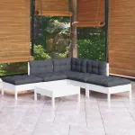 Set mobilier de grădină cu perne, 6 piese, alb, lemn de pin GartenMobel Dekor