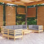 Set mobilier de grădină cu perne gri, 9 piese, lemn masiv pin GartenMobel Dekor