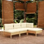 Set mobilier grădină cu perne, 4 piese, crem, lemn de pin GartenMobel Dekor