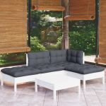 Set mobilier grădină cu perne, 5 piese, alb, lemn de pin GartenMobel Dekor
