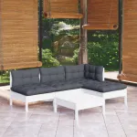 Set mobilier grădină cu perne, 5 piese, alb, lemn de pin GartenMobel Dekor