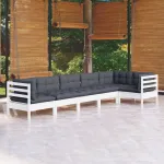 Set mobilier de grădină cu perne, 6 piese, alb, lemn de pin GartenMobel Dekor