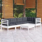 Set mobilier de grădină cu perne, 6 piese, alb, lemn de pin GartenMobel Dekor