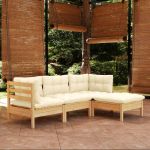 Set mobilier grădină cu perne, 4 piese, crem, lemn de pin GartenMobel Dekor