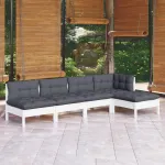 Set mobilier grădină cu perne, 5 piese, alb, lemn de pin GartenMobel Dekor
