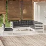 Set mobilier grădină cu perne, 5 piese, alb, lemn de pin GartenMobel Dekor
