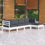 Set mobilier grădină cu perne, 5 piese, alb, lemn de pin GartenMobel Dekor