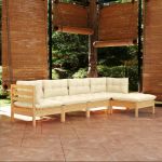 Set mobilier grădină cu perne crem, 5 piese, lemn de pin GartenMobel Dekor