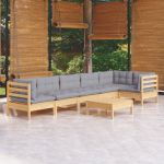 Set mobilier grădină cu perne gri, 7 piese, lemn masiv de pin GartenMobel Dekor
