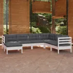 Set mobilier de grădină cu perne, 7 piese, alb, lemn masiv pin GartenMobel Dekor