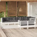 Set mobilier de grădină cu perne, 8 piese, alb, lemn masiv pin GartenMobel Dekor