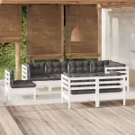 Set mobilier de grădină cu perne, 8 piese, alb, lemn masiv pin GartenMobel Dekor