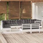 Set mobilier de grădină cu perne, 9 piese, alb, lemn masiv pin GartenMobel Dekor