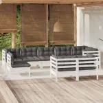 Set mobilier de grădină cu perne, 9 piese, alb, lemn masiv pin GartenMobel Dekor