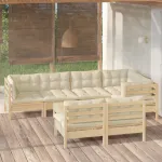 Set mobilier de grădină cu perne crem, 8 piese, lemn masiv pin GartenMobel Dekor