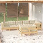 Set mobilier de grădină cu perne crem, 8 piese, lemn masiv pin GartenMobel Dekor