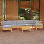 Set mobilier de grădină cu perne gri, 8 piese, lemn masiv pin GartenMobel Dekor