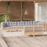 Set mobilier de grădină cu perne gri, 8 piese, lemn masiv pin GartenMobel Dekor