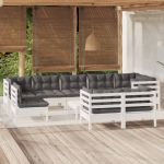 Set mobilier grădină cu perne, 10 piese, alb, lemn masiv pin GartenMobel Dekor