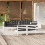Set mobilier grădină cu perne, 7 piese, alb, lemn masiv de pin GartenMobel Dekor