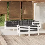 Set mobilier grădină cu perne, 7 piese, alb, lemn masiv de pin GartenMobel Dekor