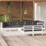 Set mobilier grădină cu perne, 9 piese, alb, lemn masiv pin GartenMobel Dekor
