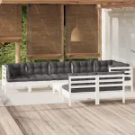 Set mobilier grădină cu perne, 9 piese, alb, lemn masiv pin GartenMobel Dekor