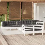 Set mobilier grădină cu perne, 9 piese, alb, lemn masiv pin GartenMobel Dekor