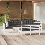 Set mobilier grădină cu perne, 9 piese, alb, lemn masiv pin GartenMobel Dekor