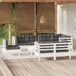 Set mobilier grădină cu perne, 9 piese, alb, lemn masiv pin GartenMobel Dekor