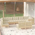 Set mobilier grădină cu perne crem, 9 piese, lemn masiv de pin GartenMobel Dekor