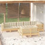 Set mobilier grădină cu perne crem, 9 piese, lemn masiv de pin GartenMobel Dekor