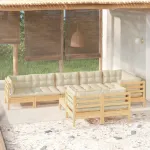 Set mobilier grădină cu perne crem, 9 piese, lemn masiv de pin GartenMobel Dekor