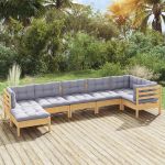 Set mobilier grădină cu perne gri, 7 piese, lemn masiv de pin GartenMobel Dekor
