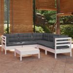 Set mobilier de grădină cu perne, 6 piese, alb, lemn masiv pin GartenMobel Dekor
