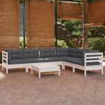 Set mobilier de grădină cu perne, 7 piese, alb, lemn masiv pin GartenMobel Dekor