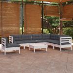 Set mobilier de grădină cu perne, 8 piese, alb, lemn masiv pin GartenMobel Dekor