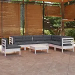 Set mobilier de grădină cu perne, 8 piese, alb, lemn masiv pin GartenMobel Dekor