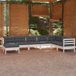 Set mobilier de grădină cu perne, 8 piese, alb, lemn masiv pin GartenMobel Dekor