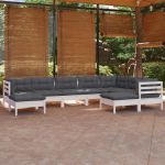 Set mobilier de grădină cu perne, 9 piese, alb, lemn masiv pin GartenMobel Dekor