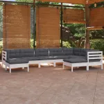 Set mobilier de grădină cu perne, 9 piese, alb, lemn masiv pin GartenMobel Dekor