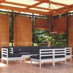 Set mobilier de grădină cu perne, 9 piese, alb, lemn masiv pin GartenMobel Dekor