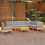 Set mobilier de grădină cu perne gri, 8 piese, lemn masiv pin GartenMobel Dekor