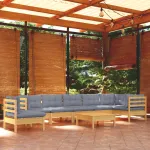 Set mobilier de grădină cu perne gri, 9 piese, lemn masiv pin GartenMobel Dekor