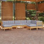 Set mobilier de grădină cu perne gri, 9 piese, lemn masiv pin GartenMobel Dekor